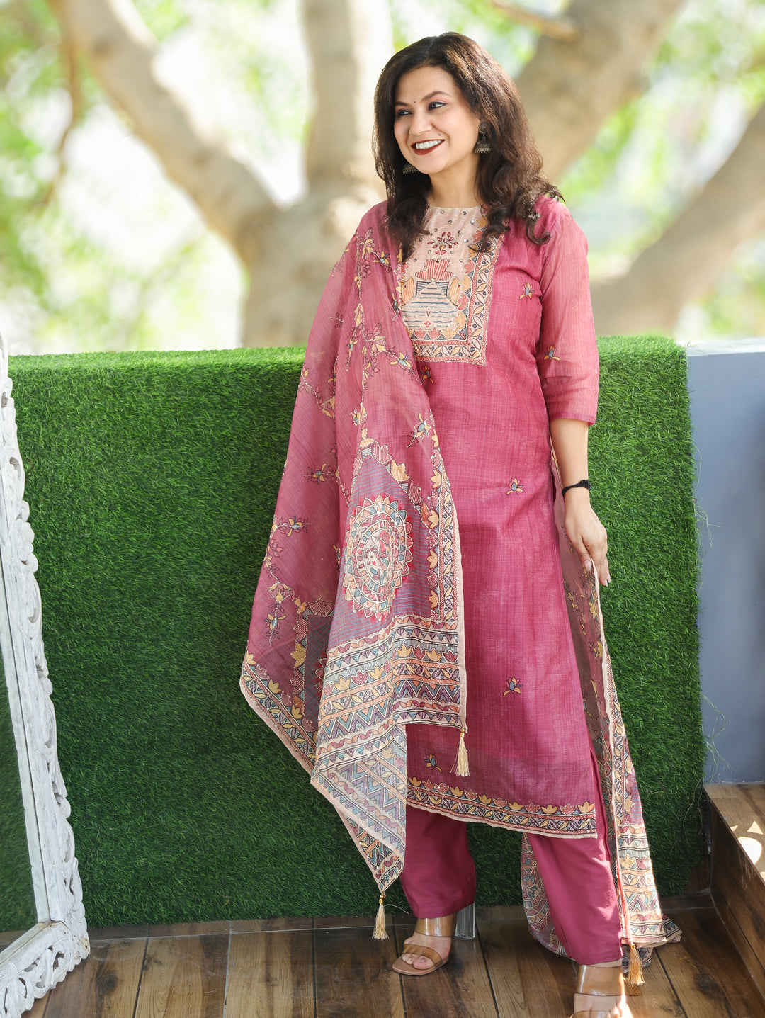 Sumitra Mulberry Onion Madhbani Print with Kantha Work Detailing Chanderi 3 Piece Set