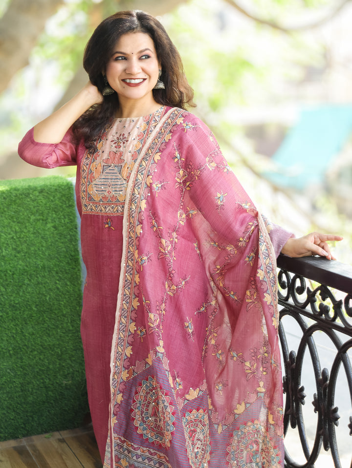 Sumitra Mulberry Onion Madhbani Print with Kantha Work Detailing Chanderi 3 Piece Set