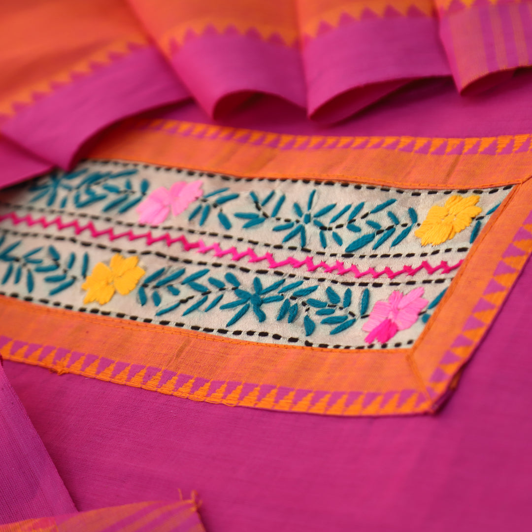 Tarini Magenta Purple Thread Embroidered Neck Patch Temple Print South Cotton Suit Set