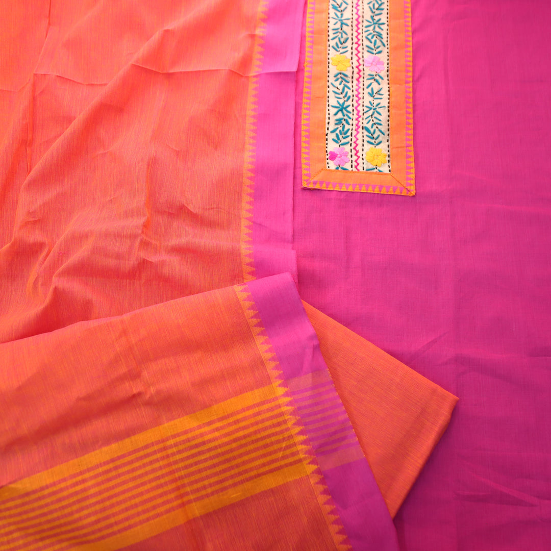 Tarini Magenta Purple Thread Embroidered Neck Patch Temple Print South Cotton Suit Set