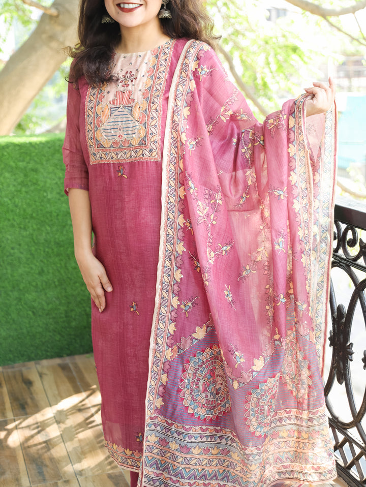 Sumitra Mulberry Onion Madhbani Print with Kantha Work Detailing Chanderi 3 Piece Set