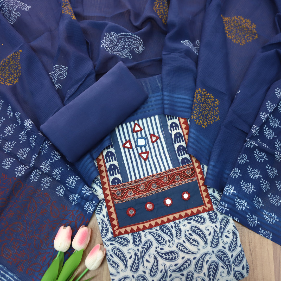Ishani Stone Blue Kutch Mirror Dabu Printed Cotton Set D1