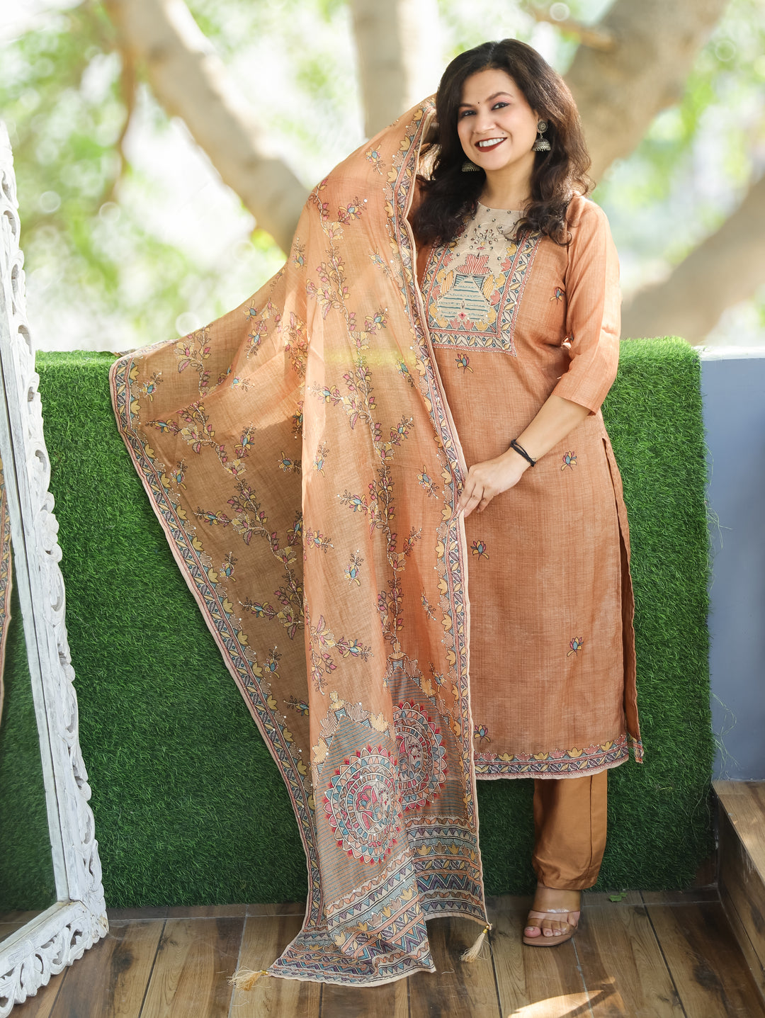 Sumitra Sand Peanut Madhbani Print with Kantha Work Detailing Chanderi 3 Piece Set