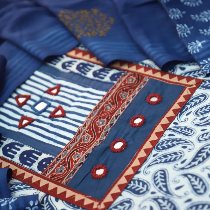 Ishani Stone Blue Kutch Mirror Dabu Printed Cotton Set D1