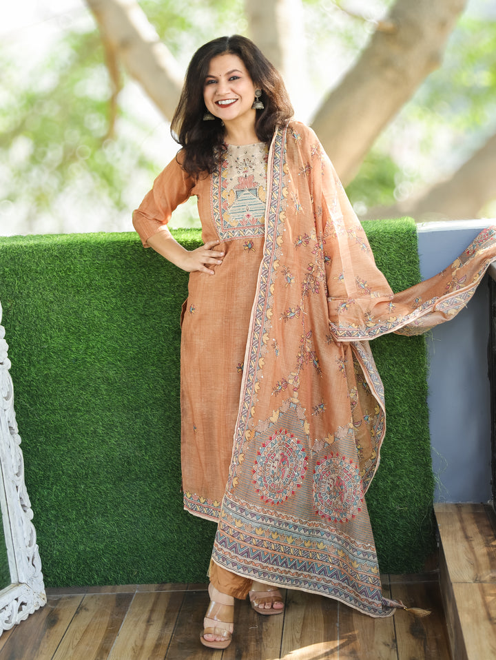 Sumitra Sand Peanut Madhbani Print with Kantha Work Detailing Chanderi 3 Piece Set