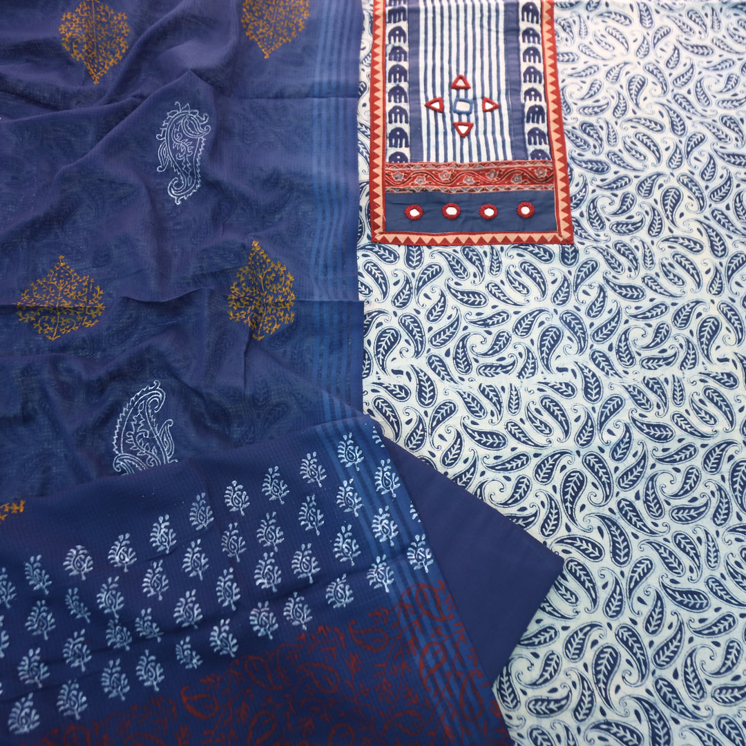 Ishani Stone Blue Kutch Mirror Dabu Printed Cotton Set D1
