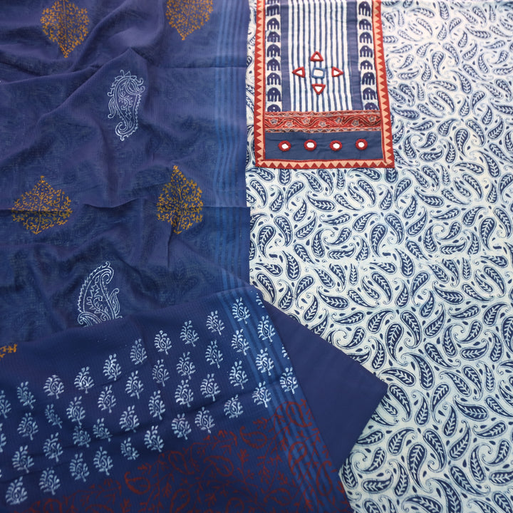 Ishani Stone Blue Kutch Mirror Dabu Printed Cotton Set D1