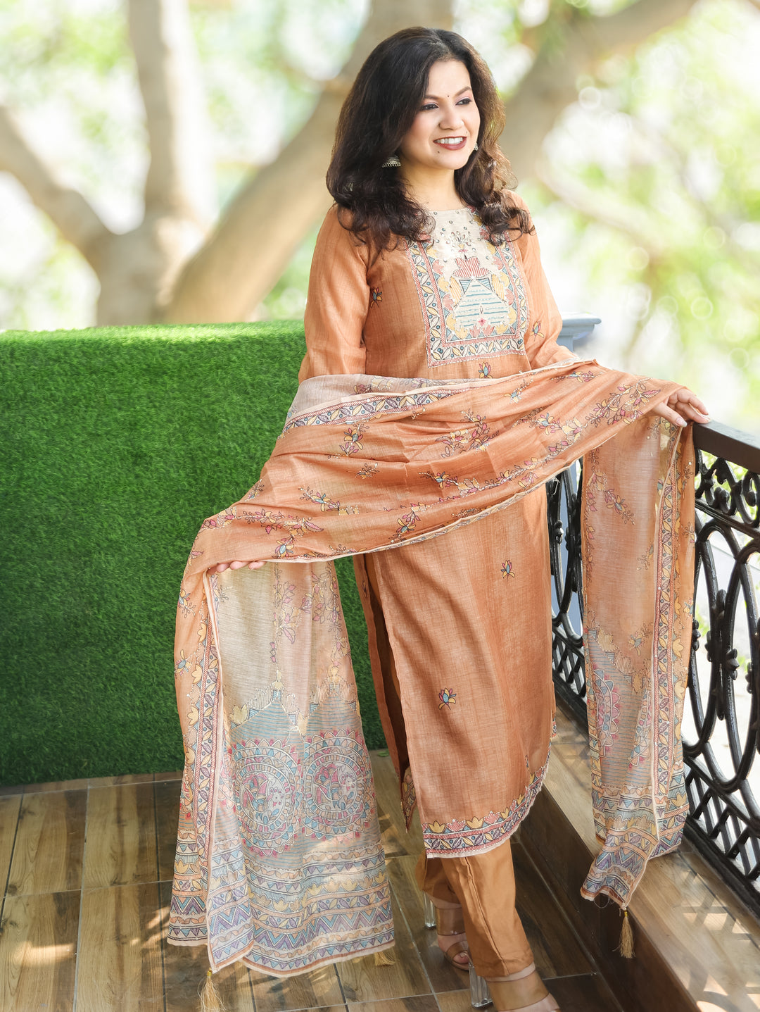 Sumitra Sand Peanut Madhbani Print with Kantha Work Detailing Chanderi 3 Piece Set