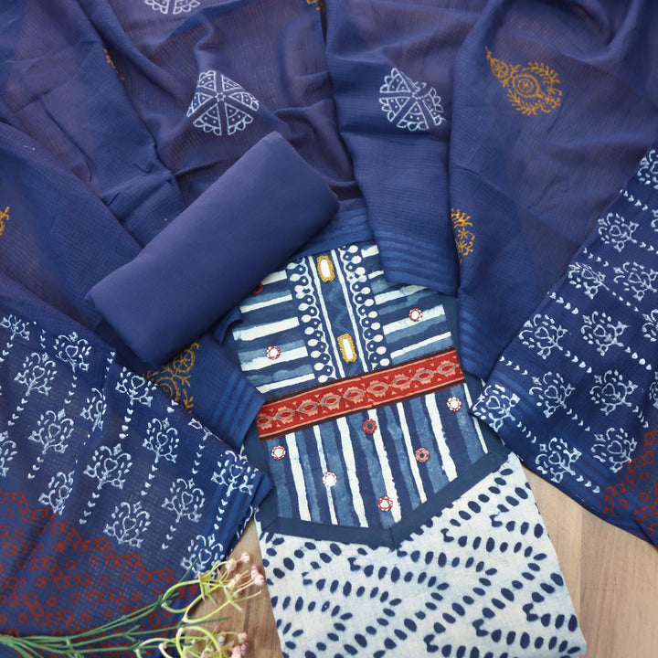 Ishani Stone Blue Kutch Mirror Dabu Printed Cotton Set D2