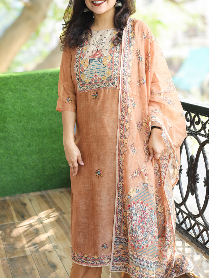 Sumitra Sand Peanut Madhbani Print with Kantha Work Detailing Chanderi 3 Piece Set