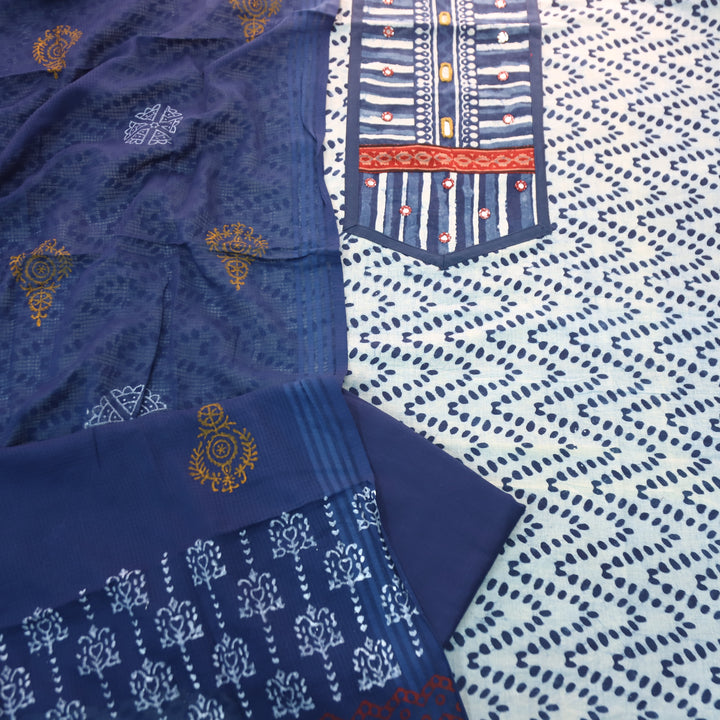 Ishani Stone Blue Kutch Mirror Dabu Printed Cotton Set D2