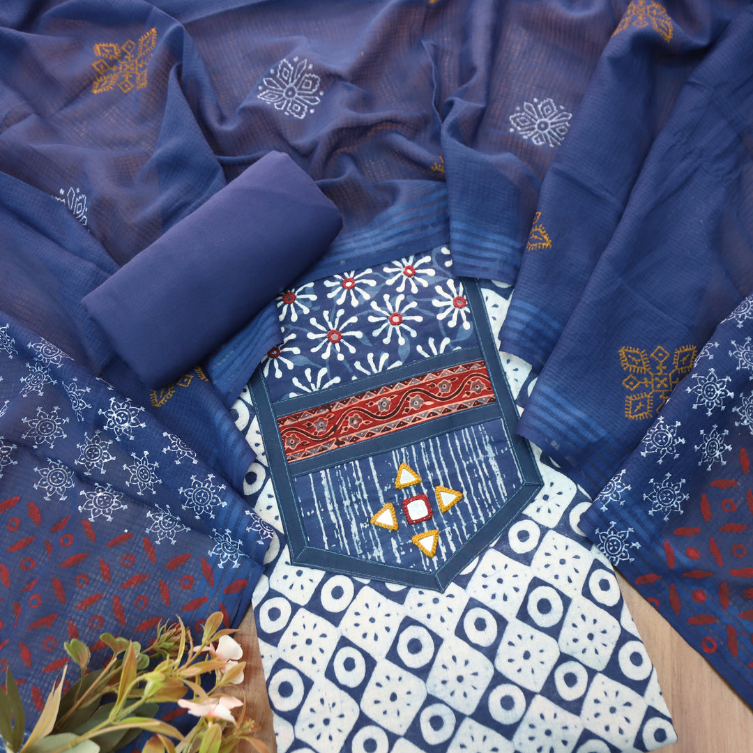 Ishani Stone Blue Kutch Mirror Dabu Printed Cotton Set D3