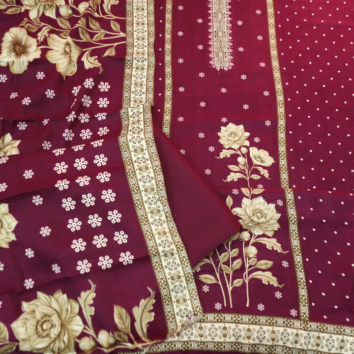 याशिका Dark Wine Panel Style Floral Printed with Swarovski Semi Pashmina Winter Set