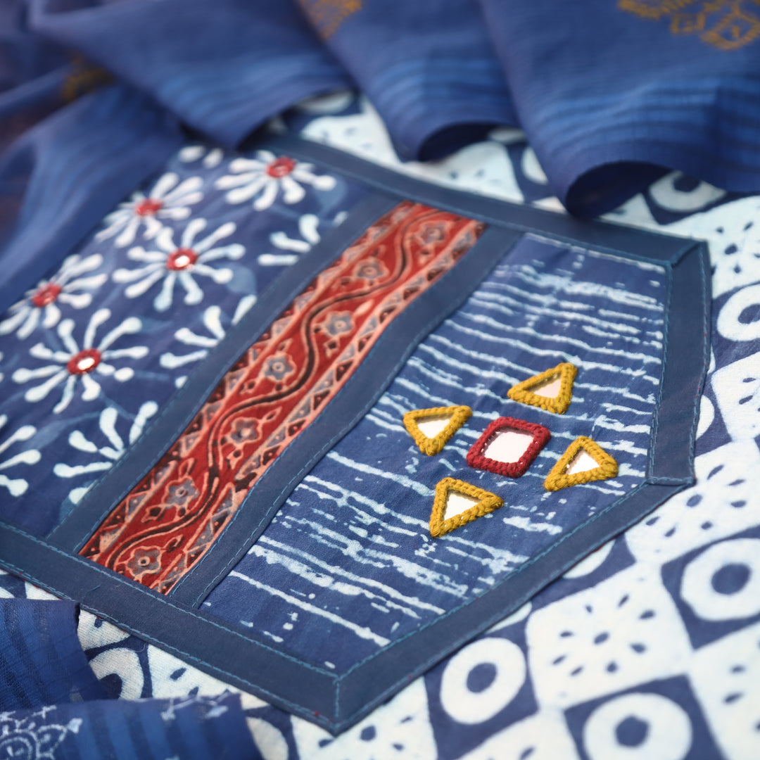 Ishani Stone Blue Kutch Mirror Dabu Printed Cotton Set D3