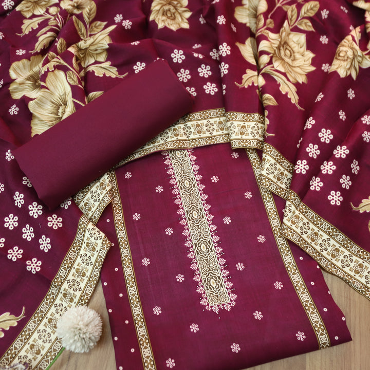 याशिका Dark Wine Panel Style Floral Printed with Swarovski Semi Pashmina Winter Set