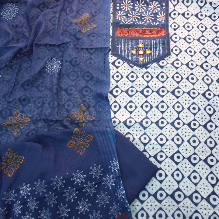 Ishani Stone Blue Kutch Mirror Dabu Printed Cotton Set D3