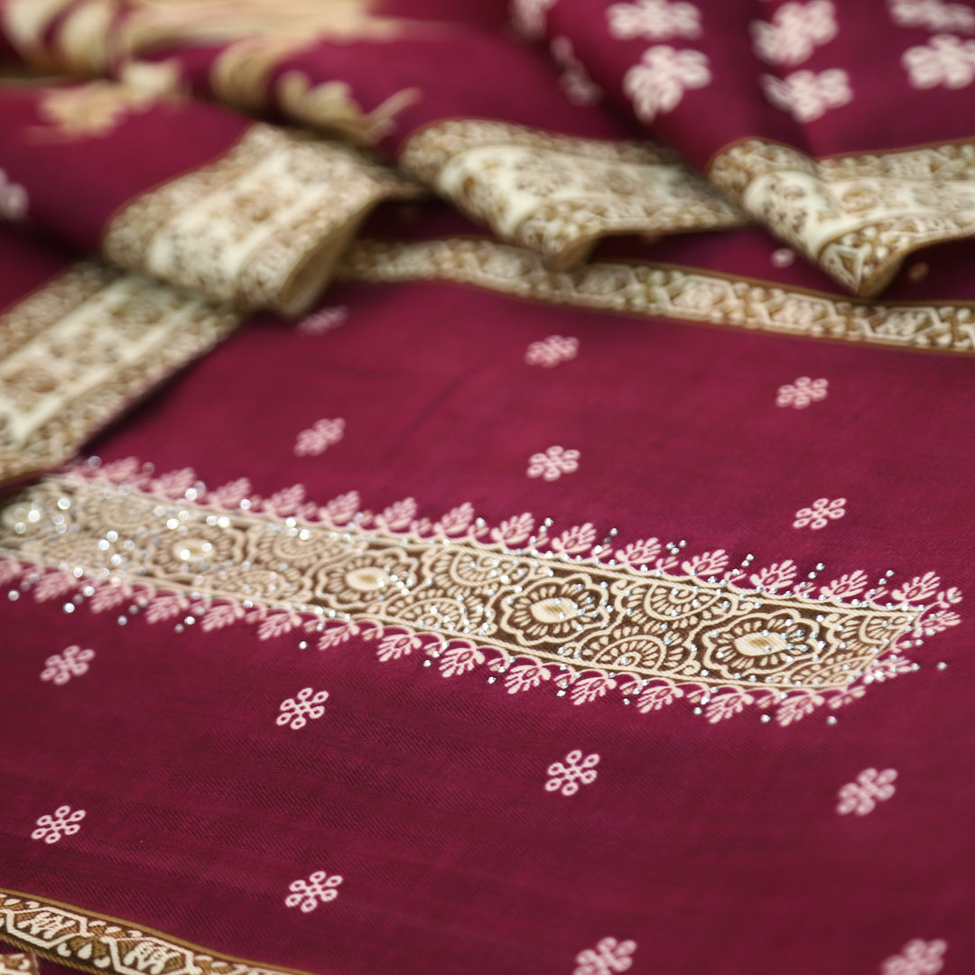 याशिका Dark Wine Panel Style Floral Printed with Swarovski Semi Pashmina Winter Set