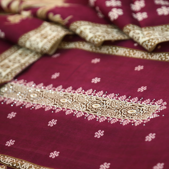 याशिका Dark Wine Panel Style Floral Printed with Swarovski Semi Pashmina Winter Set