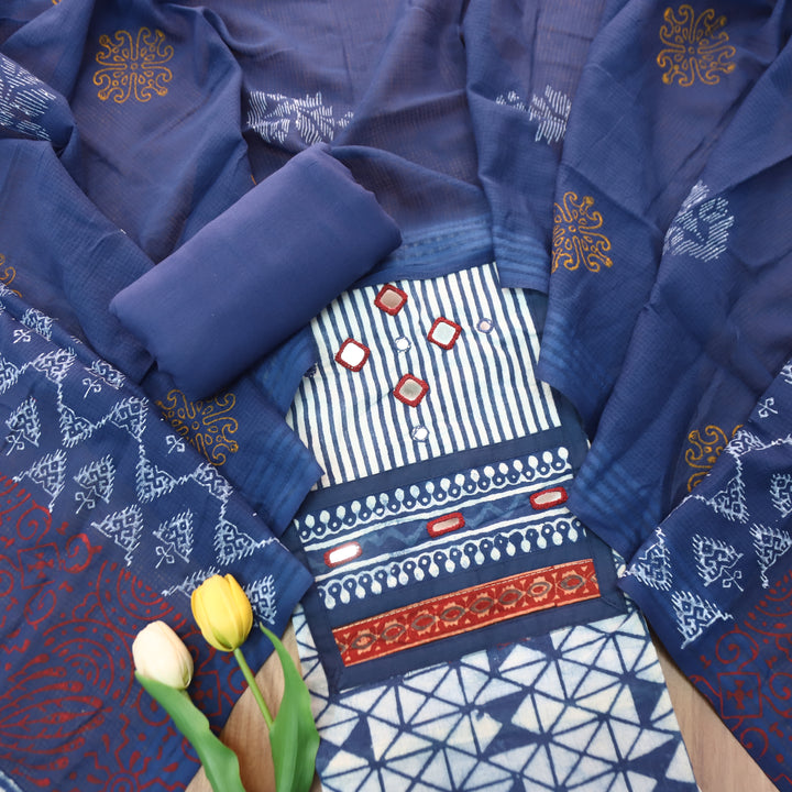 Ishani Stone Blue Kutch Mirror Dabu Printed Cotton Set D4