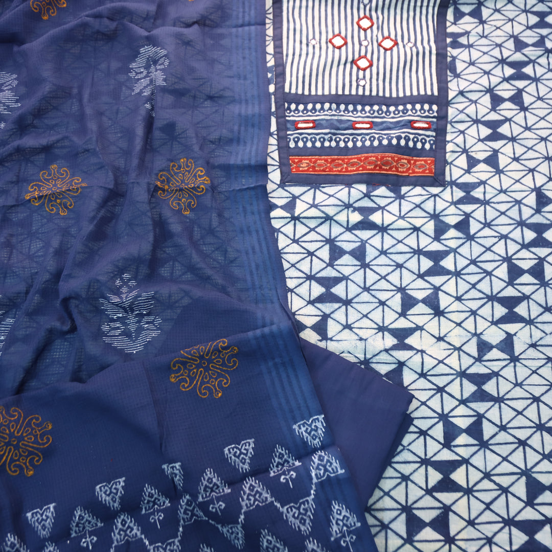 Ishani Stone Blue Kutch Mirror Dabu Printed Cotton Set D4