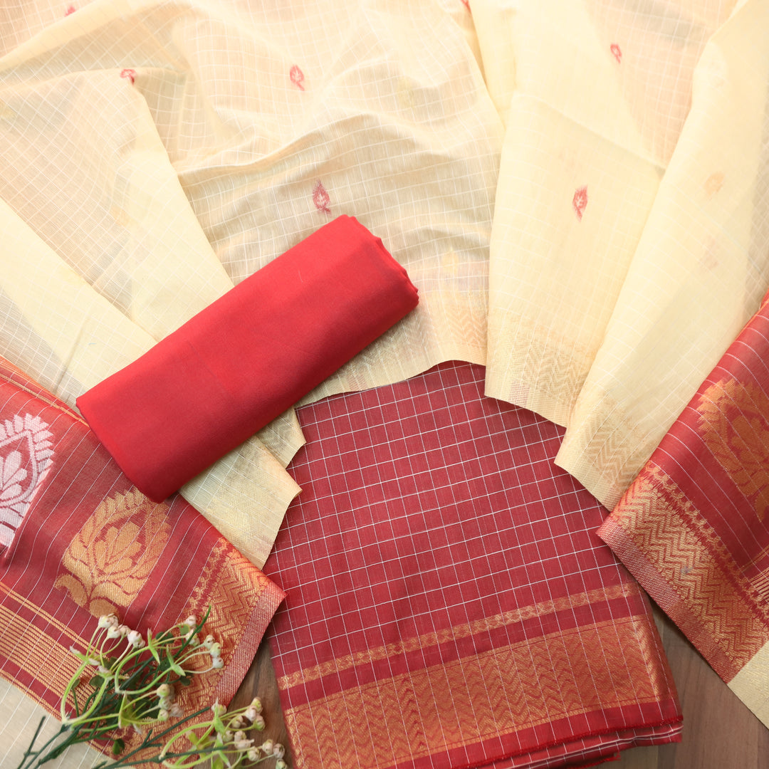 Vaniya Maroon Checked with Zari Weaved Hem Cotton Silk Set