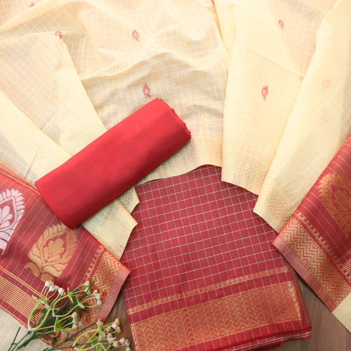 Vaniya Maroon Checked with Zari Weaved Hem Cotton Silk Set