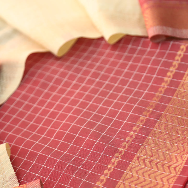 Vaniya Maroon Checked with Zari Weaved Hem Cotton Silk Set
