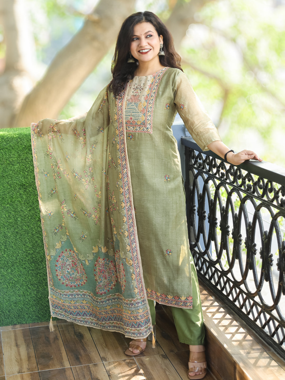Sumitra Fern Green Madhbani Print with Kantha Work Detailing Chanderi 3 Piece Set