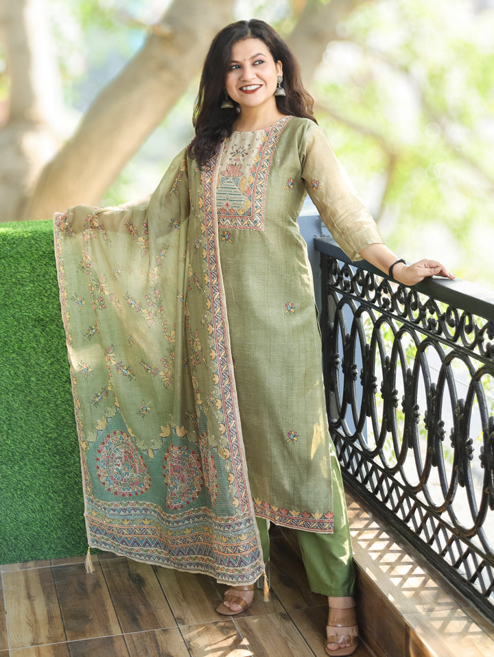 Sumitra Fern Green Madhbani Print with Kantha Work Detailing Chanderi 3 Piece Set