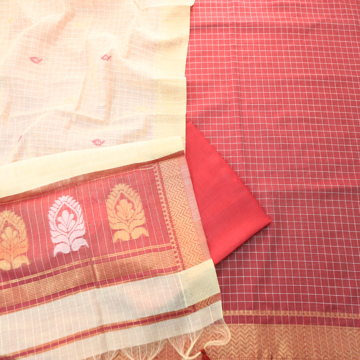 Vaniya Maroon Checked with Zari Weaved Hem Cotton Silk Set