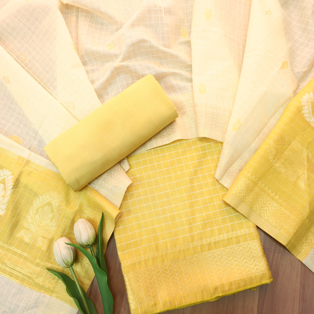 Vaniya Butter Yellow Checked with Zari Weaved Hem Cotton Silk Set