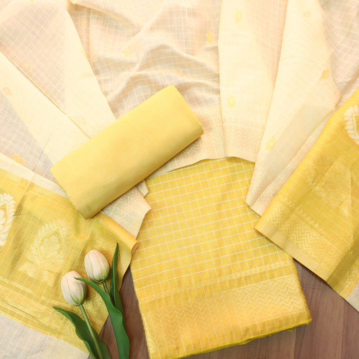 Vaniya Butter Yellow Checked with Zari Weaved Hem Cotton Silk Set