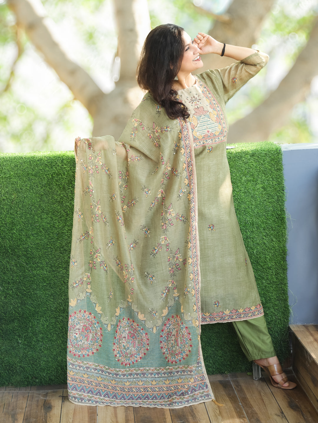 Sumitra Fern Green Madhbani Print with Kantha Work Detailing Chanderi 3 Piece Set