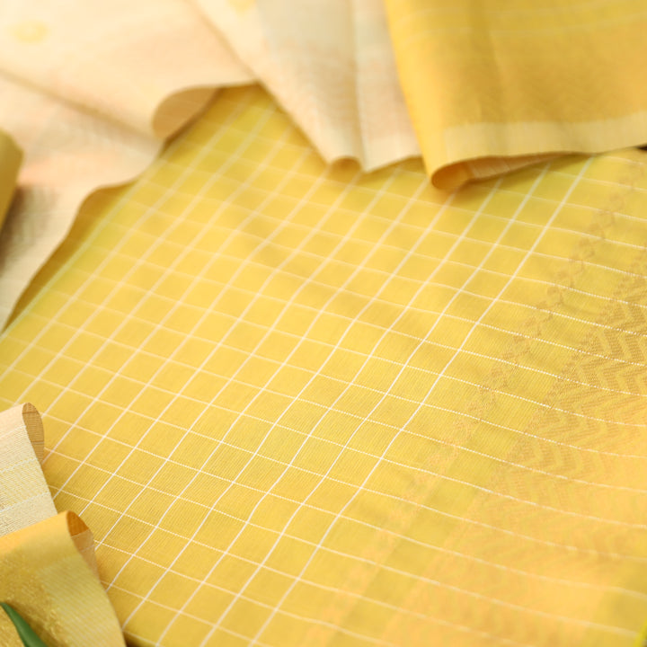Vaniya Butter Yellow Checked with Zari Weaved Hem Cotton Silk Set