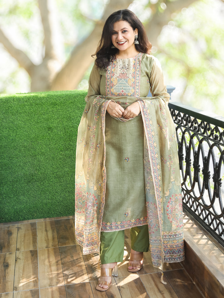 Sumitra Fern Green Madhbani Print with Kantha Work Detailing Chanderi 3 Piece Set