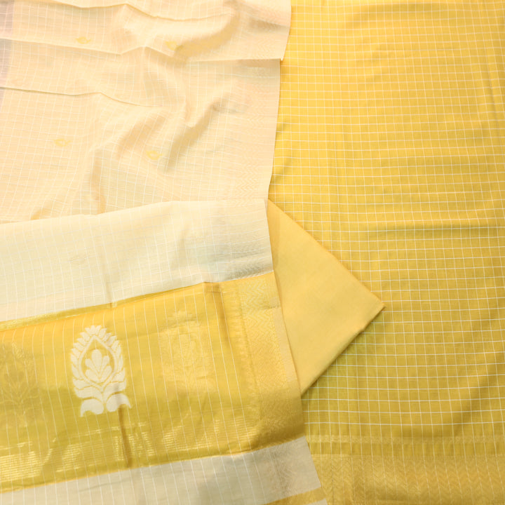 Vaniya Butter Yellow Checked with Zari Weaved Hem Cotton Silk Set