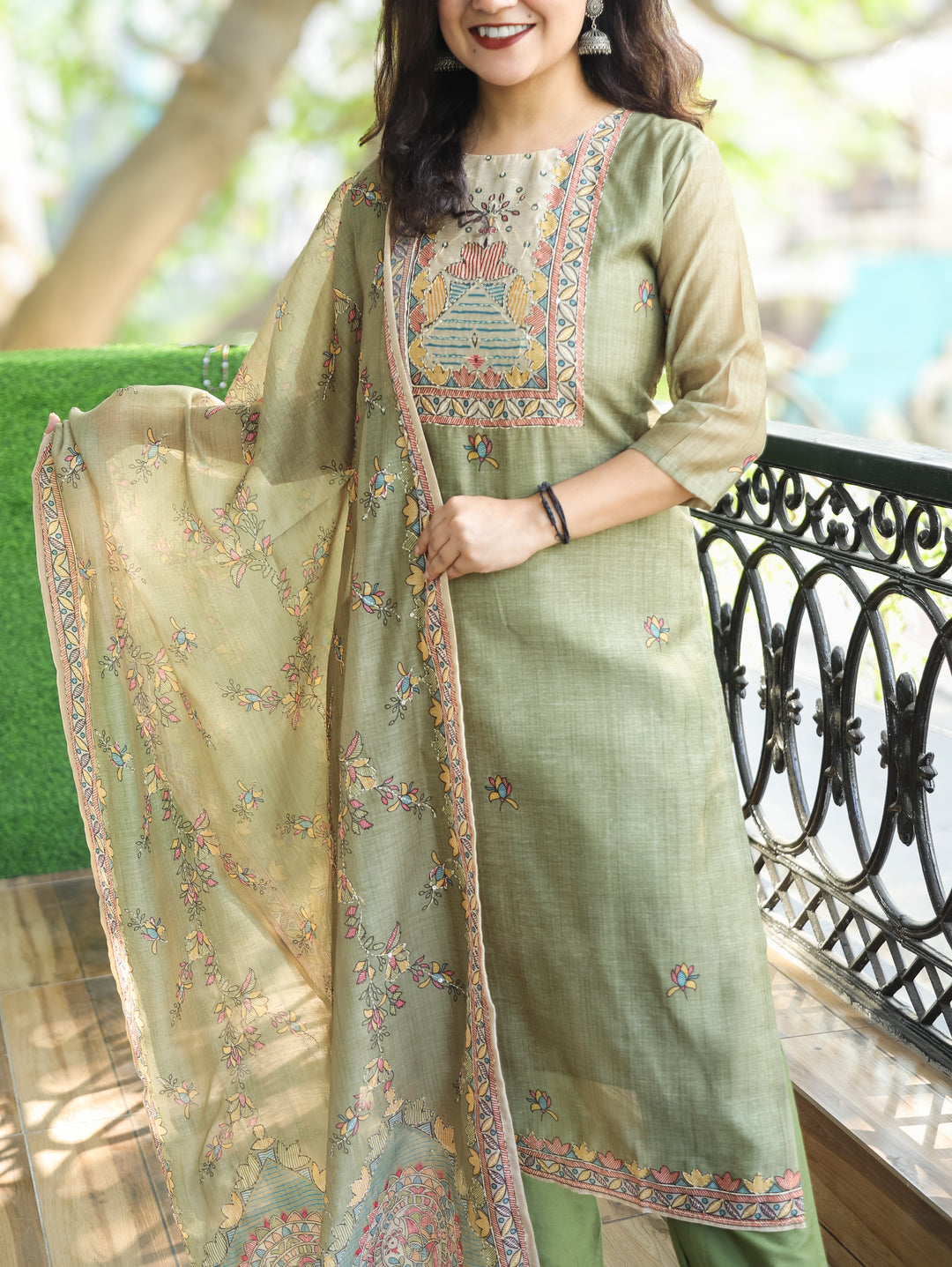 Sumitra Fern Green Madhbani Print with Kantha Work Detailing Chanderi 3 Piece Set