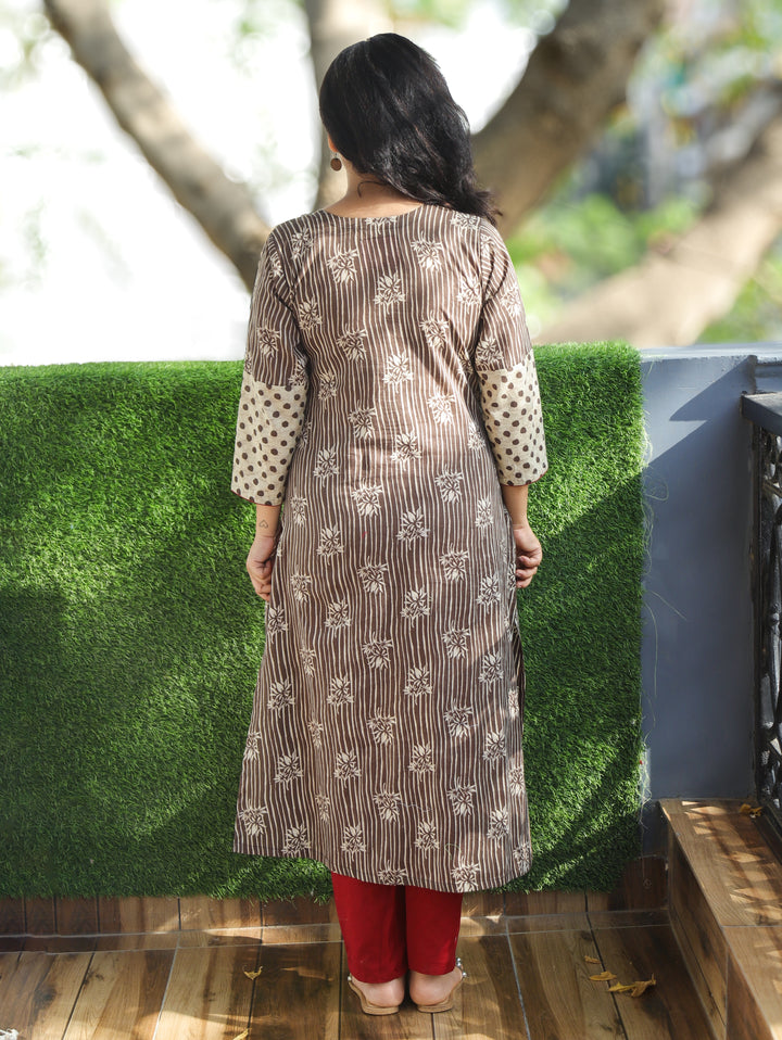 Mehram Latte Tan Dabu Panel Cotton Kurti