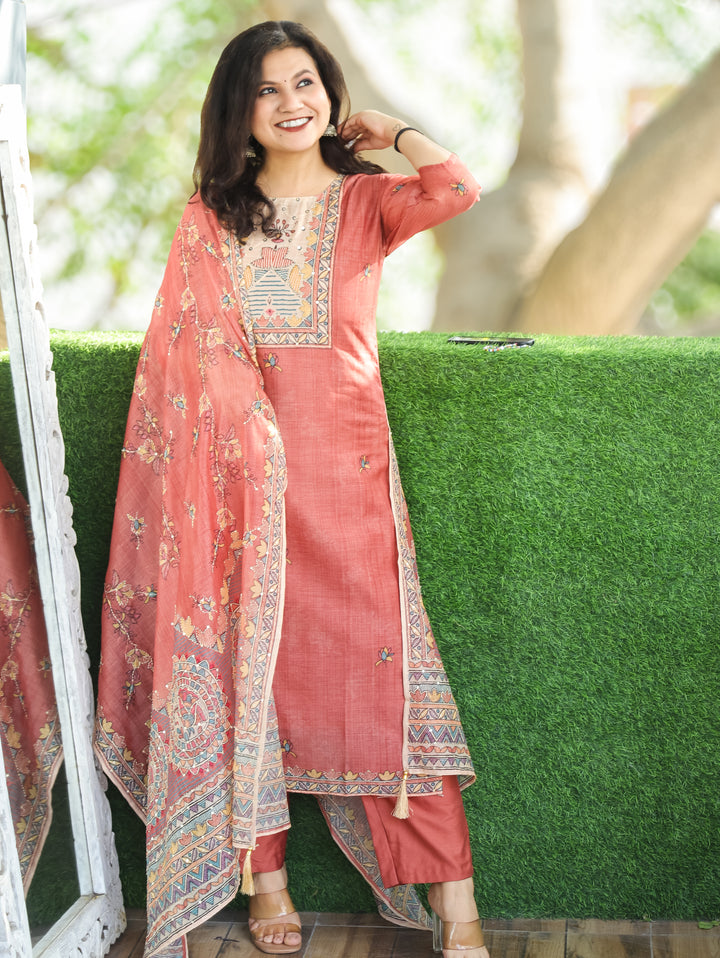 Sumitra Coral Blush Madhbani Print with Kantha Work Detailing Chanderi 3 Piece Set