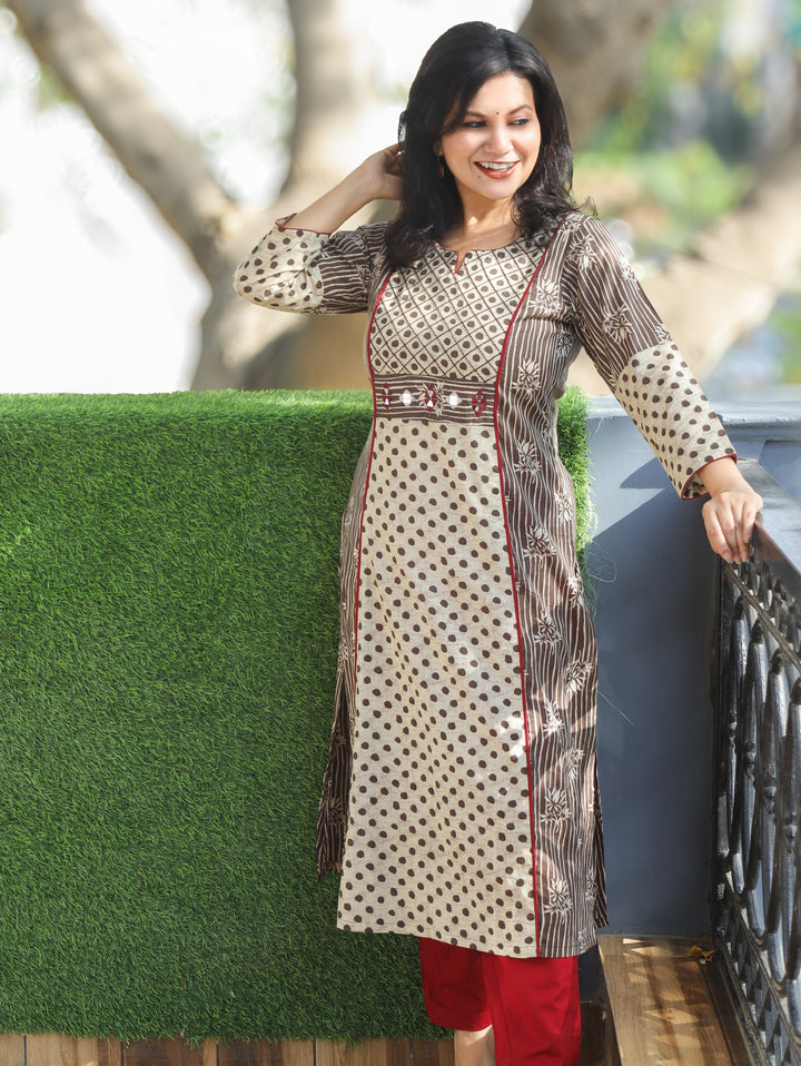 Mehram Latte Tan Dabu Panel Cotton Kurti