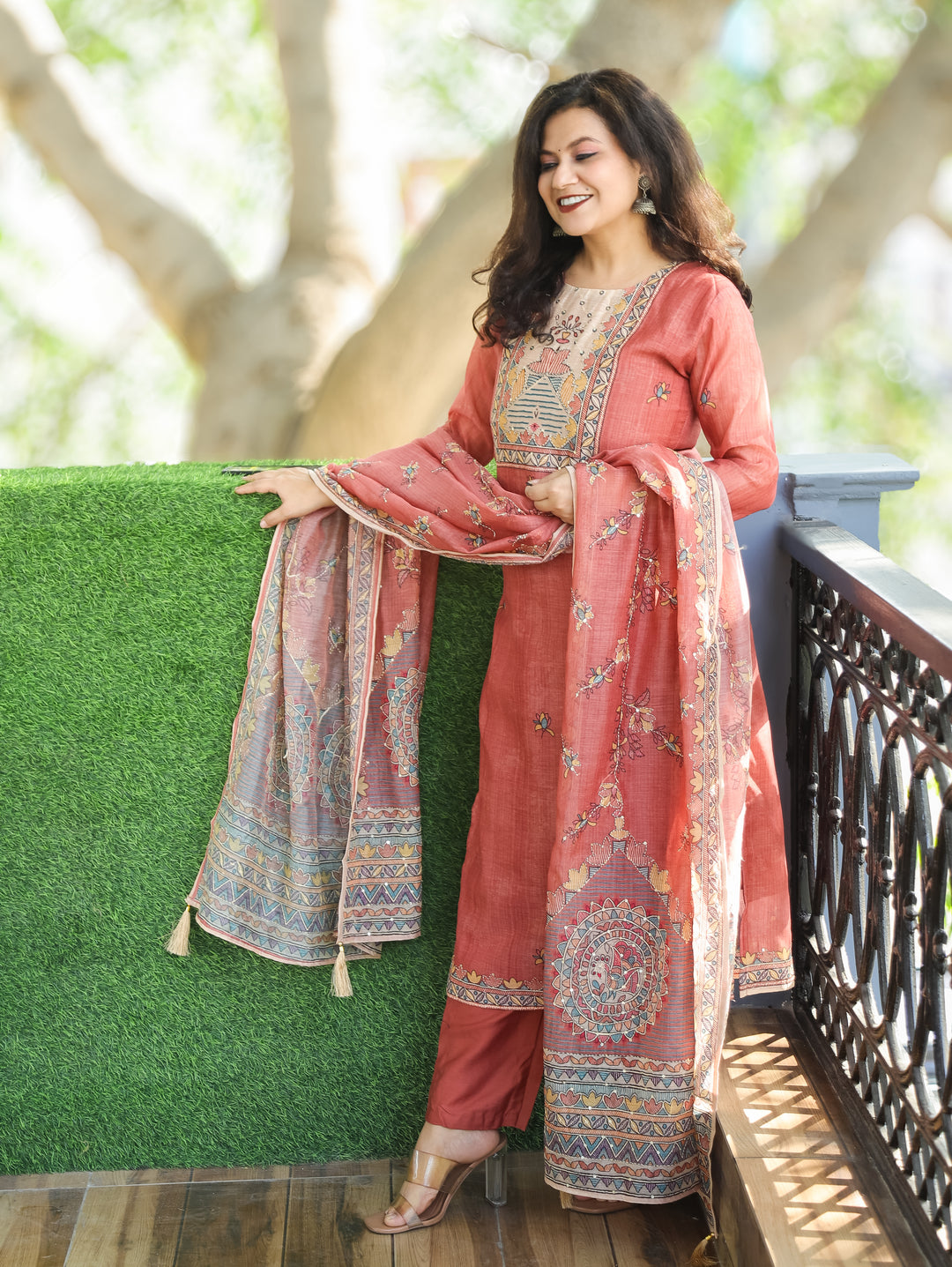 Sumitra Coral Blush Madhbani Print with Kantha Work Detailing Chanderi 3 Piece Set