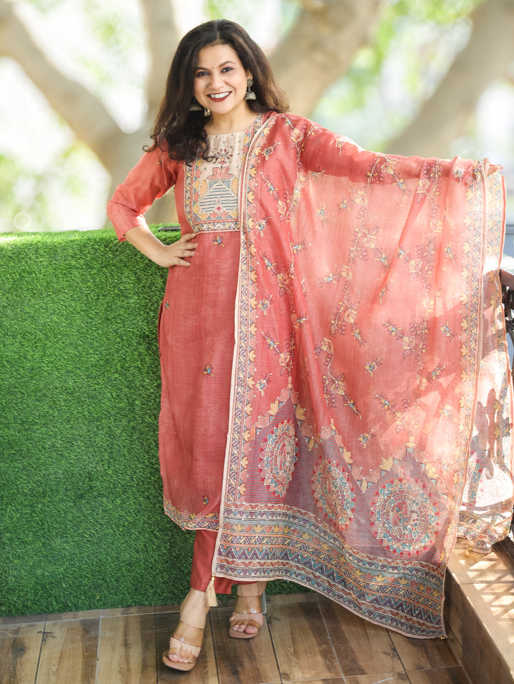 Sumitra Coral Blush Madhbani Print with Kantha Work Detailing Chanderi 3 Piece Set