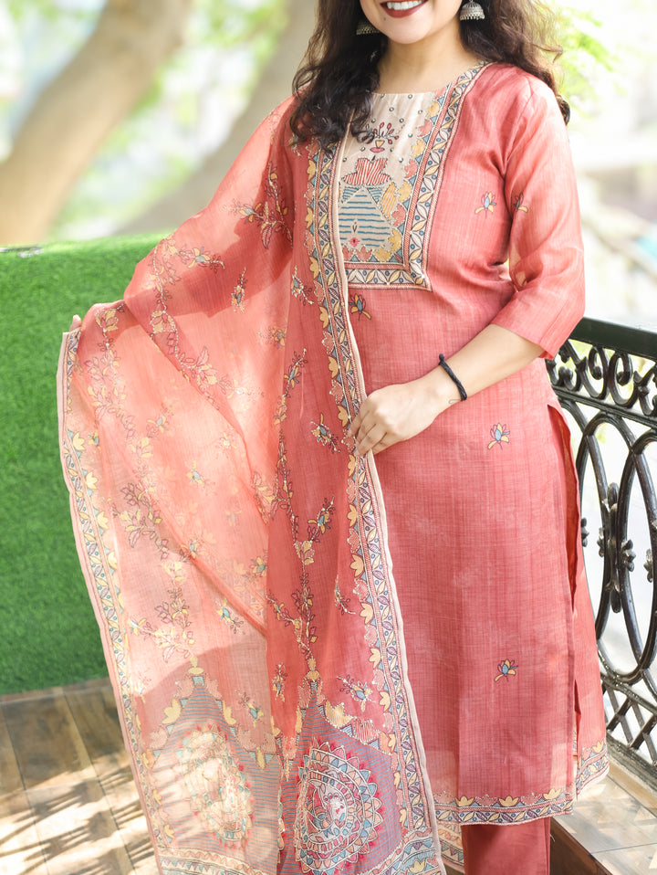 Sumitra Coral Blush Madhbani Print with Kantha Work Detailing Chanderi 3 Piece Set