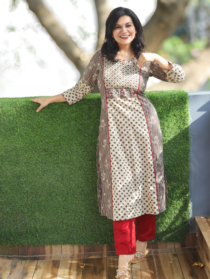 Mehram Latte Tan Dabu Panel Cotton Kurti