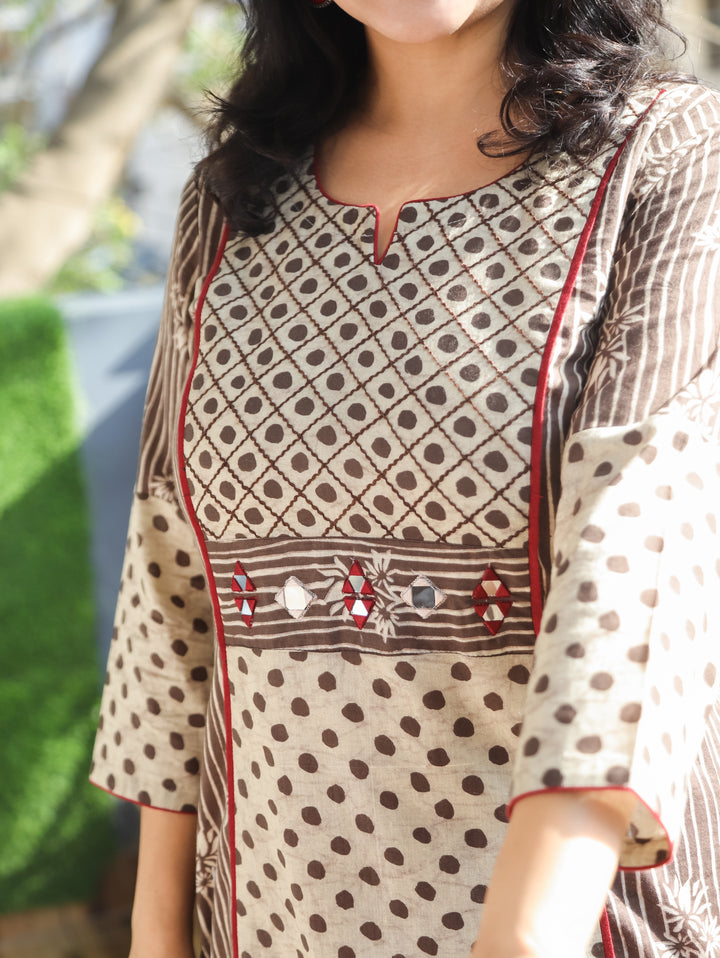 Mehram Latte Tan Dabu Panel Cotton Kurti