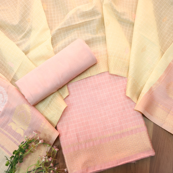 Vaniya Baby Pink Checked with Zari Weaved Hem Cotton Silk Set