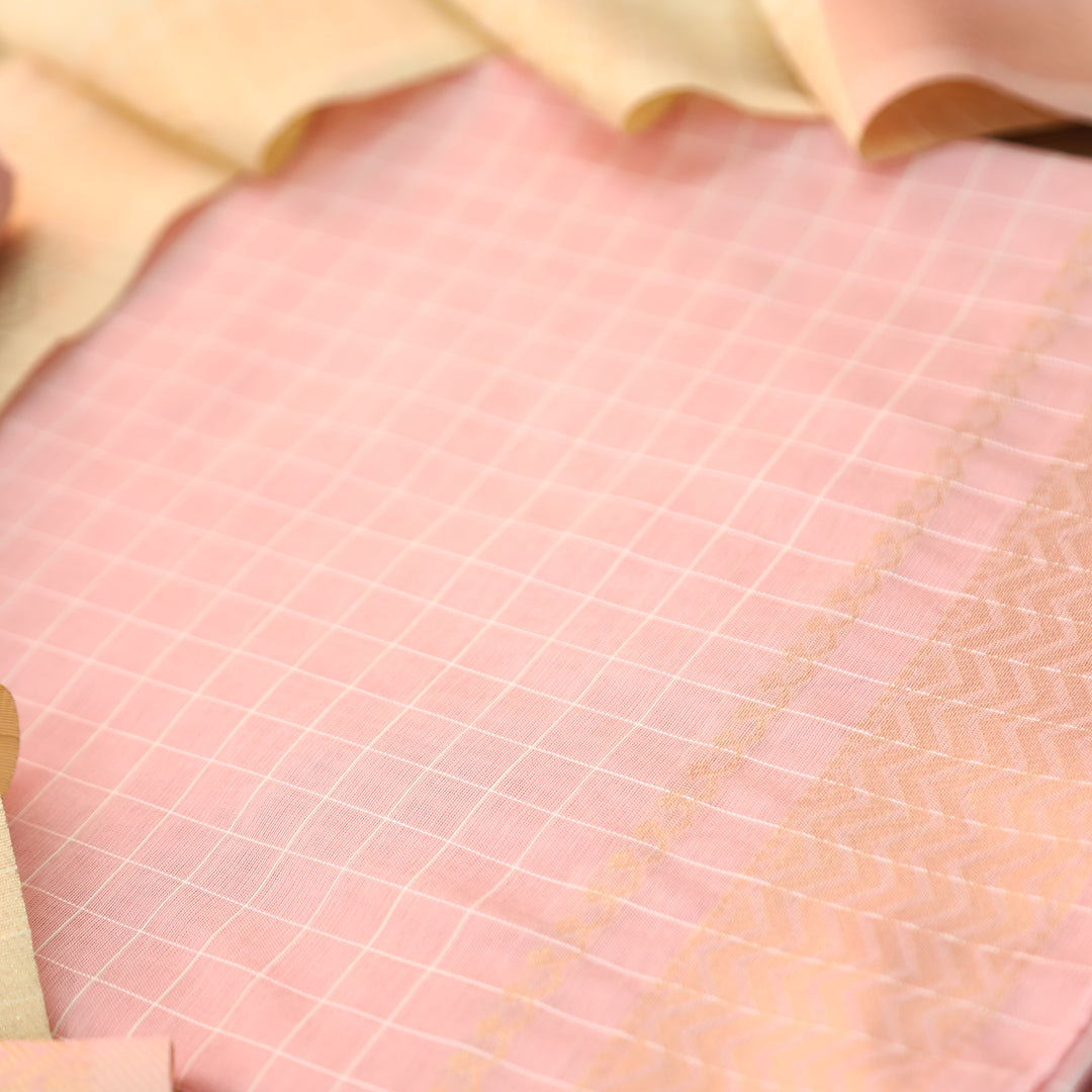 Vaniya Baby Pink Checked with Zari Weaved Hem Cotton Silk Set