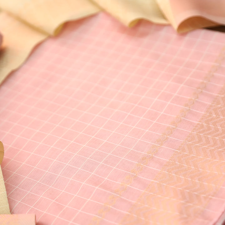 Vaniya Baby Pink Checked with Zari Weaved Hem Cotton Silk Set