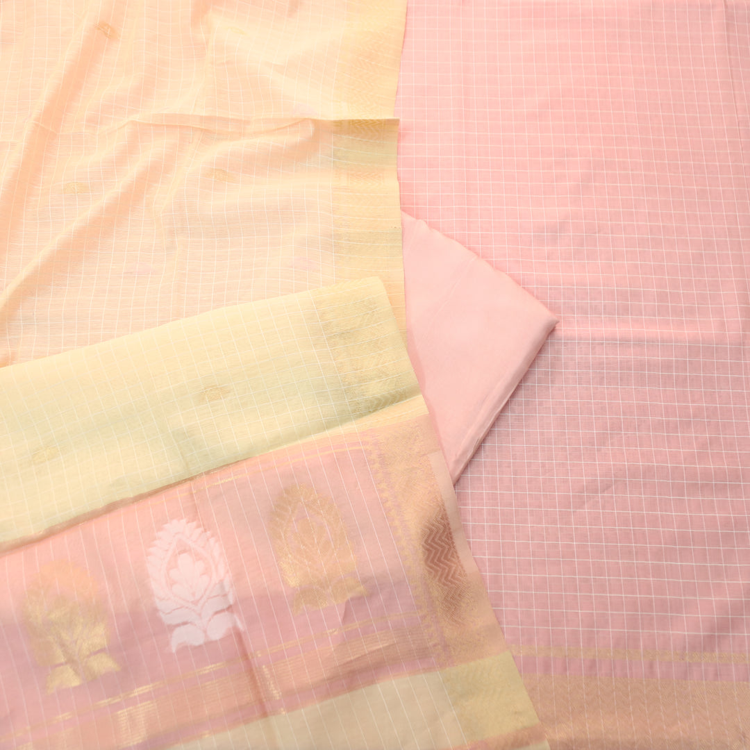 Vaniya Baby Pink Checked with Zari Weaved Hem Cotton Silk Set