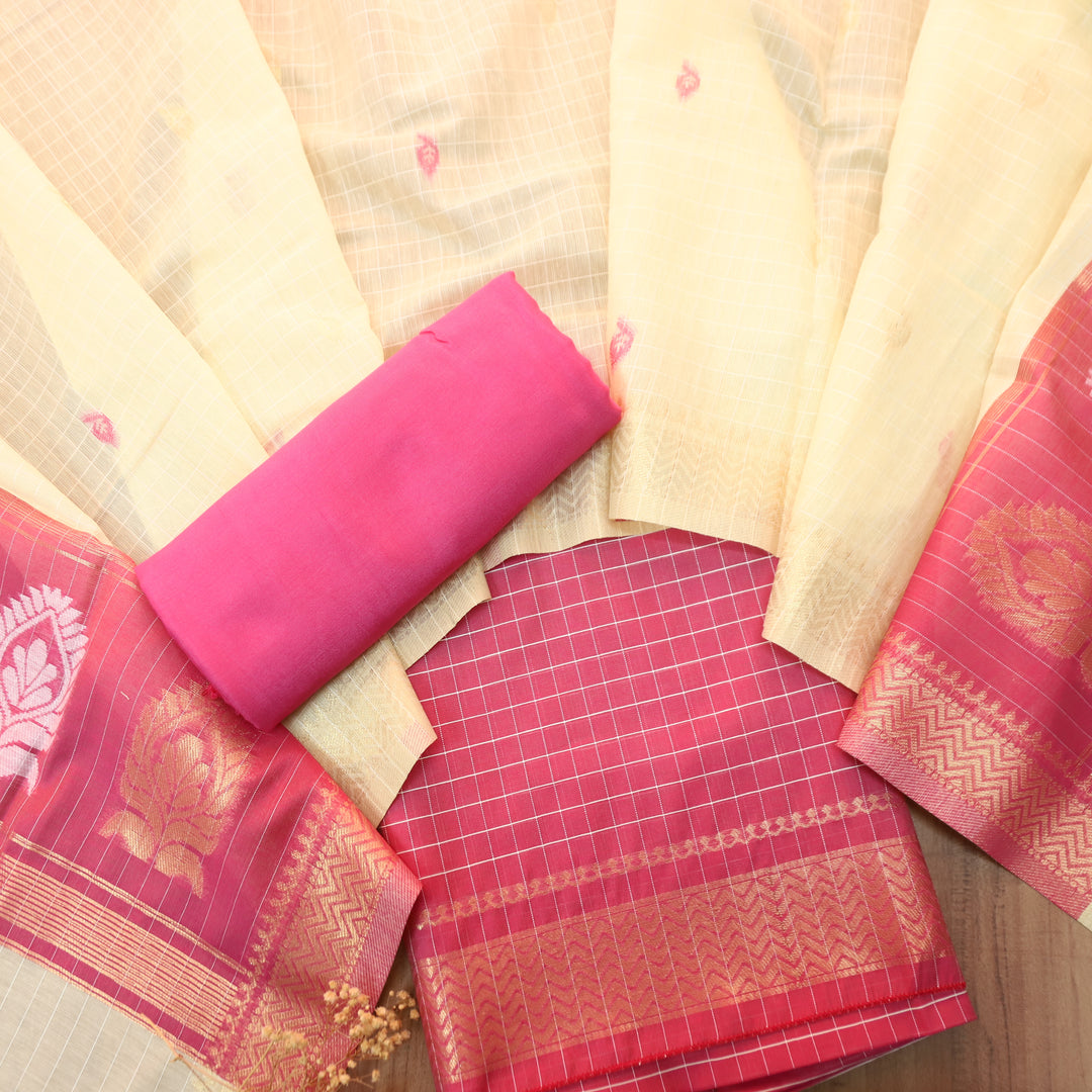 Vaniya Rani Pink Checked with Zari Weaved Hem Cotton Silk Set